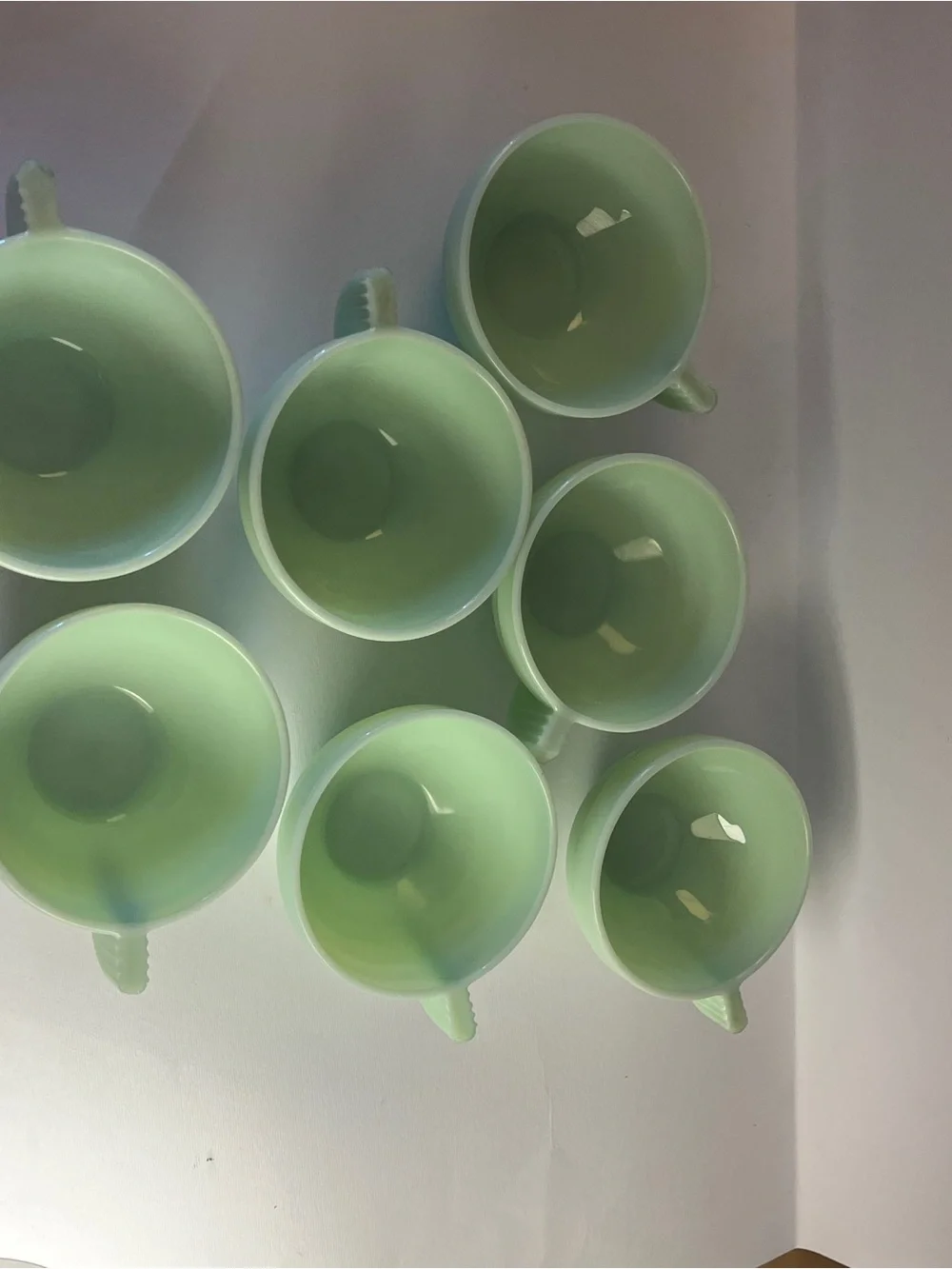 Vintage Jadeite Cup Set 7 Art Deco Style Ribbed Milk Glass Coffee Cups - FRANCE